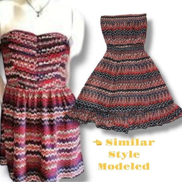 Vintage 90’s Y2K Deb Boho Strapless Red Print Mini Dress Size Large EUC - Picture 7 of 7